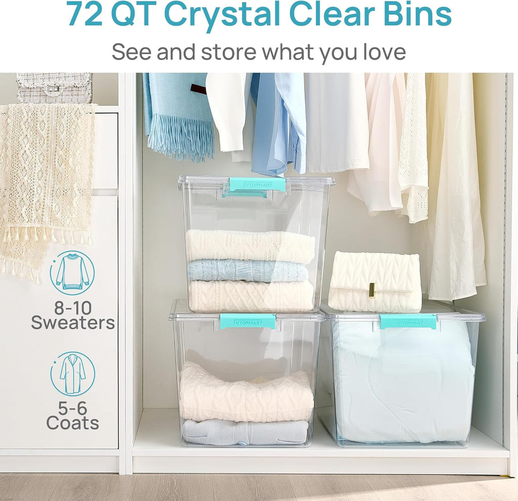 Vtopmart 72 QT Crystal Clear Storage Bins - 4 Pack Stackable Plastic Containers with Lids for Closet Organization