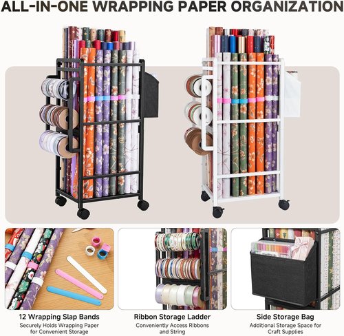 Aquzee Gift Wrapping Paper Organizer - Vertical Storage Cart with 9 Adjustable Rods & 12 PCS Slap Bands | Black