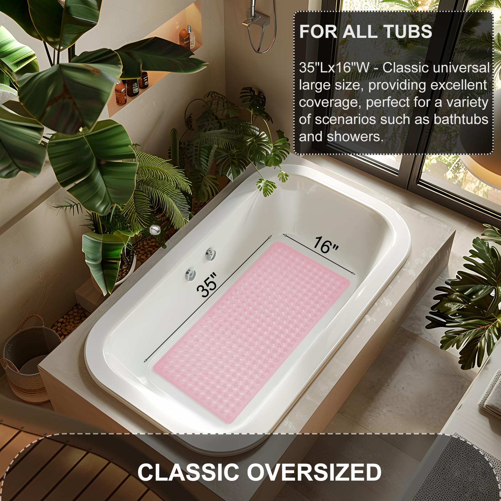TEESHLY Bath Mat for Tub & Shower, Non Slip Soft Bathmat with Suction Cups & Drain Holes, Machine Washable Bathtub Floor Liner Mats for Bathroom, 35x16 Inch, Clear Pink