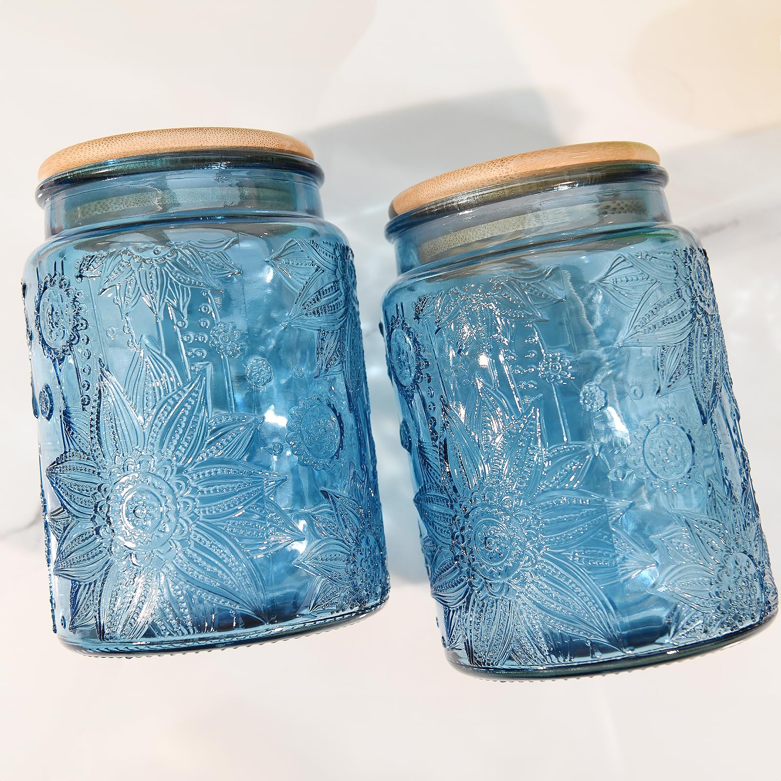 Custde Glass Storage Jars With Airtight Lid, 23.7oz Canister For Kitchen Counter with Bamboo Lid, brown sugar, candy, coffee, cookie, salt, tea,pantry cute Jar (Blue 2-Pack, 23.7 fl oz)