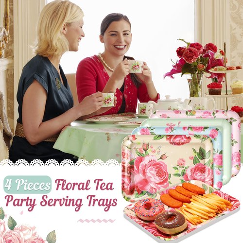 Tiangrid 4 Pcs Melamine Serving Trays Platters Snack Trays Reusable Rectangle Platters for Sports Game Day Flower Tea Party Food Dessert Cookies Serving Plates Supplies, 13 x 9.7 Inch(Flower)