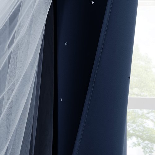 Pony Dance Star Curtains for Girls Bedroom - Double Layer Sheer Overlay with Bowknot Lace for Kids Room Decor Princess Star Hollow Out, 52" W x 84" L, Navy, 2 Pieces