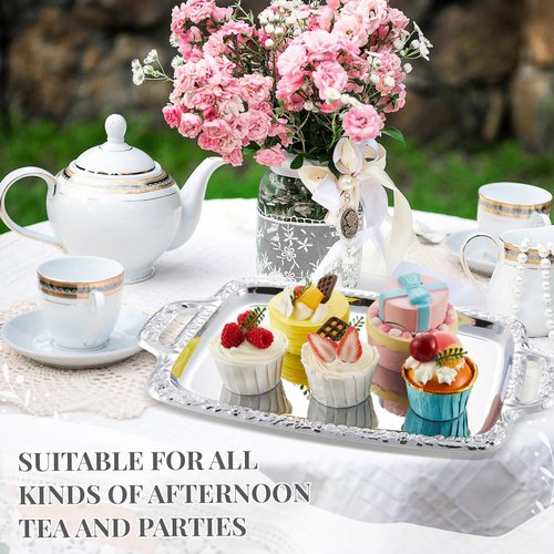 Tiangrid 6 Pcs Silver Serving Tray with Handle Elegant Floral Metal Plate Silver Platter for Buffet Wedding Party Jewelry Decorative (Oblong)