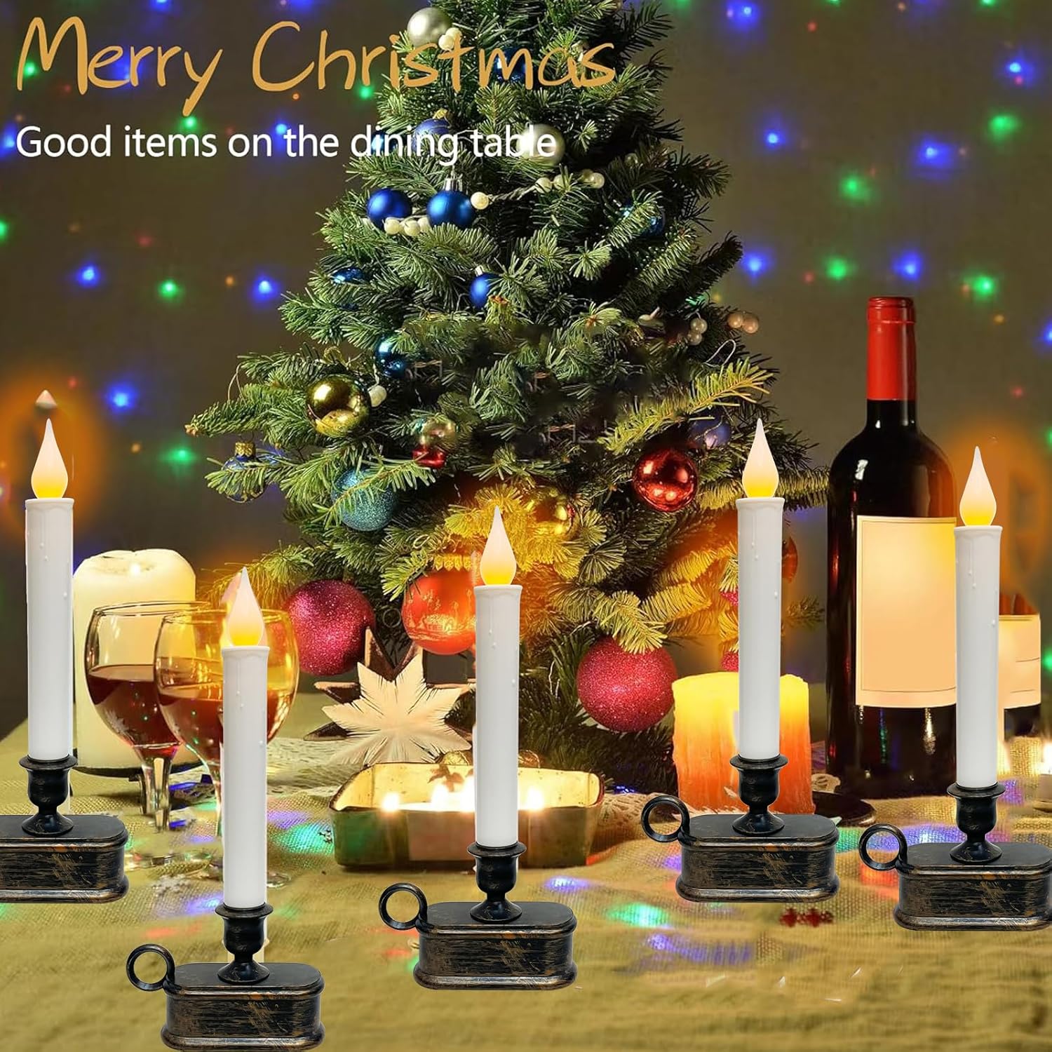 4 Pack LED Flameless Taper Candles by [Brand Name] - Dusk to Dawn Sensor, Battery Operated, Bronze Base for Christmas Home Decor