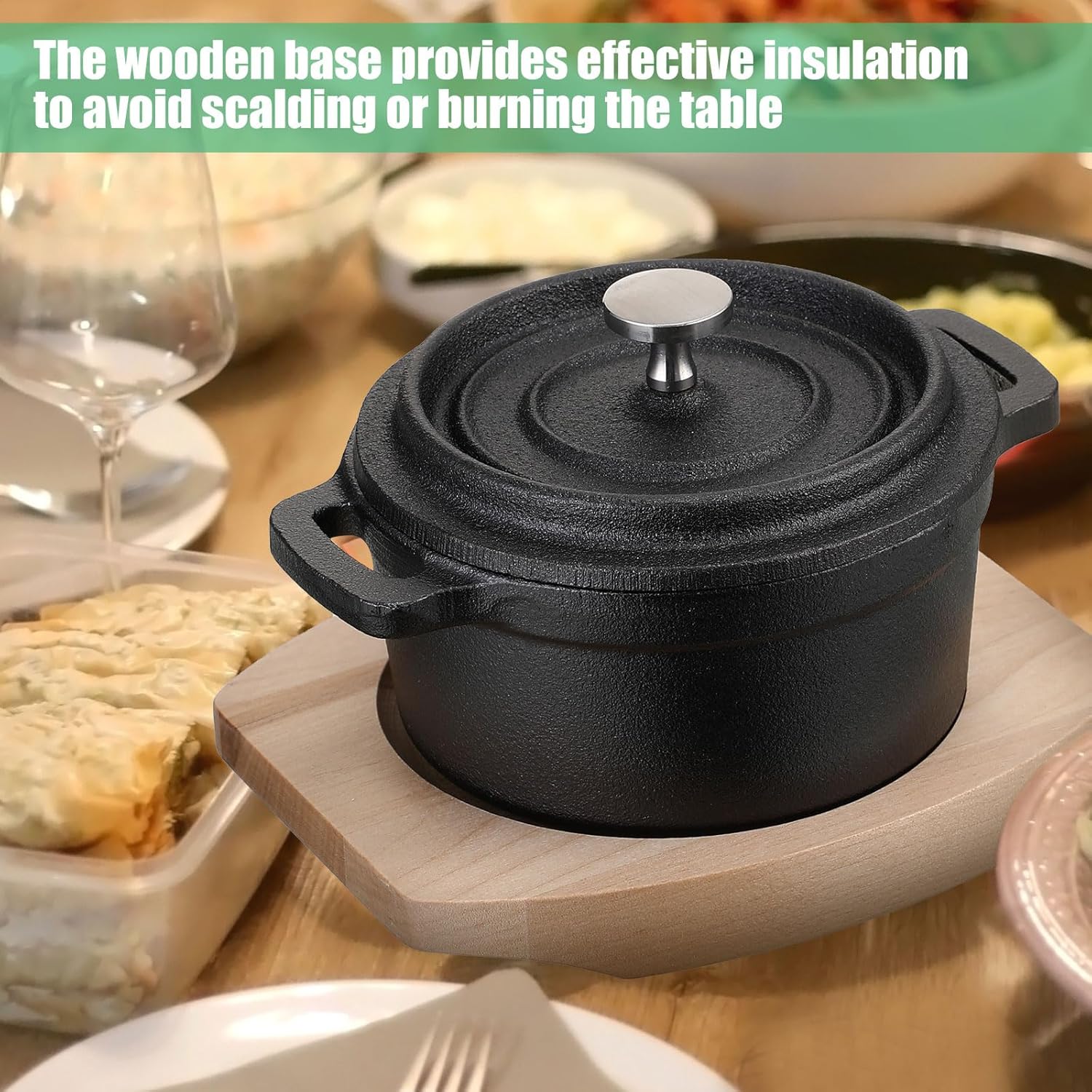 Skiennix 20 oz Dutch Oven Pot Set - Pre-Seasoned Cast Iron Casserole with Lid & Wooden Base | Heavy-Duty Black Cocotte