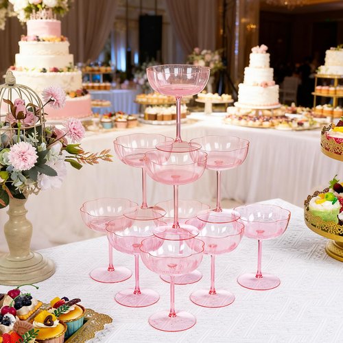 Ciaell 12PCS Plastic Martini Glasses - 10 Oz Pink Elegant Disposable Cocktail Glasses for Champagne Wine Wedding Party Anniversary Bar & Mother's Day