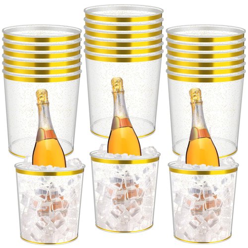 Acellegic 18 Pcs Ice Buckets Bulk, 6 Liter Plastic Round Ice Buckets with Gold Rim and Glitter, Disposable Storage Drink Tub or Party Bar Wine Beer Champagne Beverage Bottle Cooler