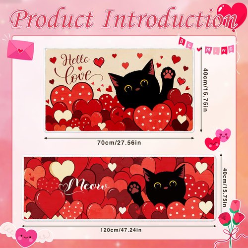 Valentines Day Kitchen Rugs Set of 2, Non Slip Black Cat Red Heart Valentines Kitchen Mats, Hello Love Floor Mat Decor for Indoor Outdoor Valentine Anniversary Home Decorations 17x47 and 17x29 Inch