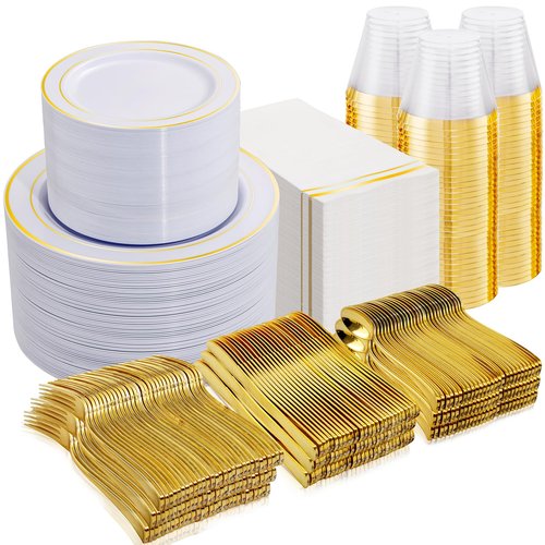 NOCCUR 700PCS Gold Plastic Plates - Gold Disposable Dinnerware Set for 100 - Include 200 Dinner/Dessert Plates, 300 Cutlery, 100 Cups, 100 Napkins, Idea for Wedding/Party/New Year