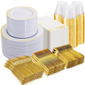 NOCCUR 700PCS Gold Plastic Plates - Gold Disposable Dinnerware Set for 100 - Include 200 Dinner/Dessert Plates, 300 Cutlery, 100 Cups, 100 Napkins, Idea for Wedding/Party/New Year