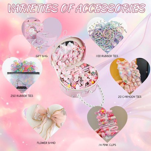 Velachuan Princess Jewelry Box for Girls with Hair Accessories,Girls Hair Clips Bows Set, Fashion Hair Styling Kit with Mirror,Pink Sparkle Trinket Box Includes Hair Clips (Ribbon)