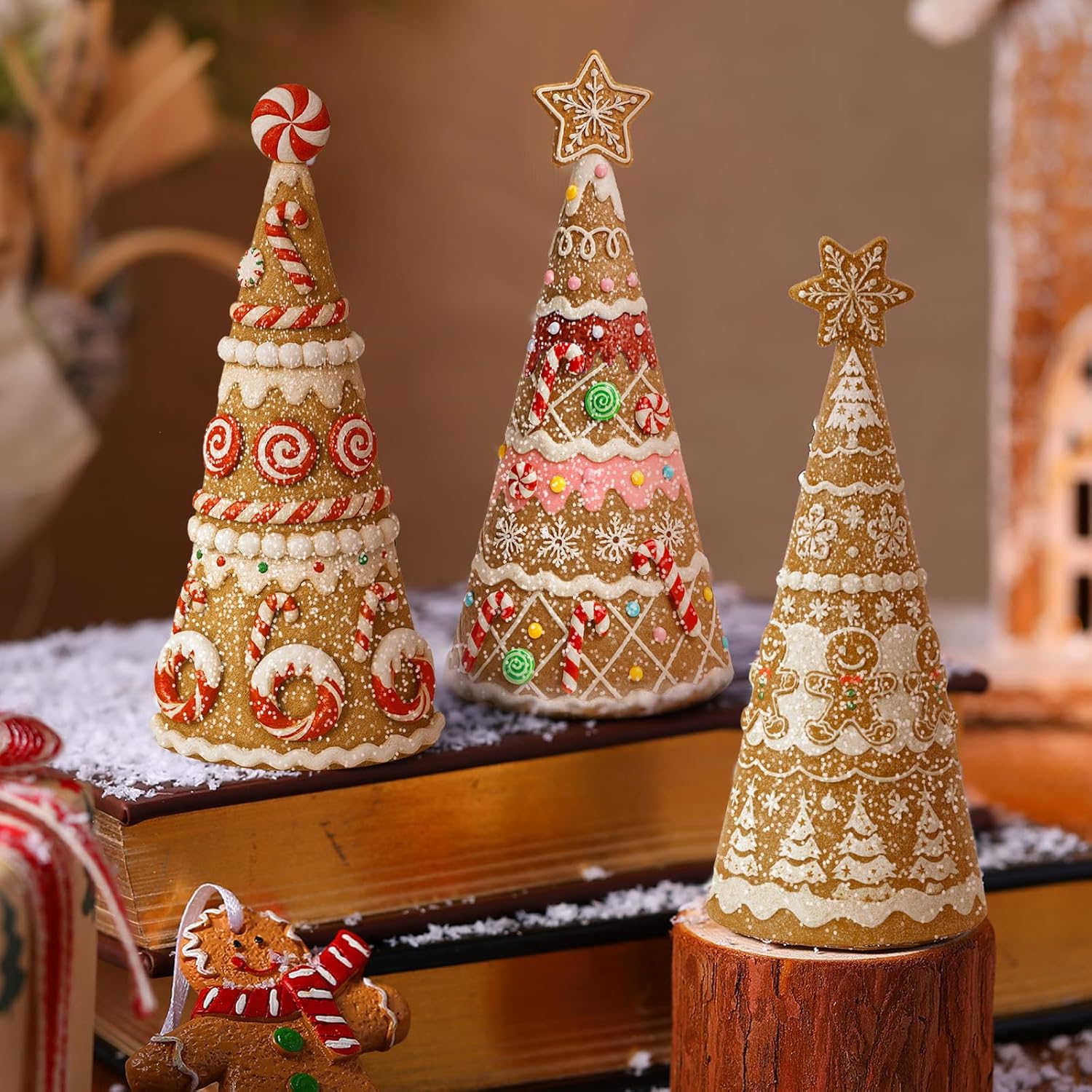 Simgoing Gingerbread Christmas Tree Figurines - 3 Pack Resin Tabletop Decorations for Holiday Centerpieces
