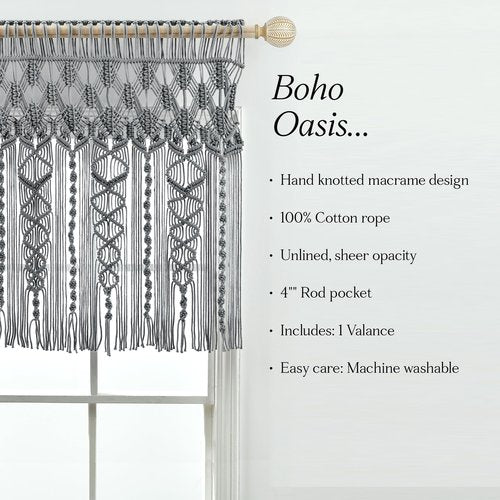 Lush Decor Boho Macrame Textured Cotton Valance, 40" W x 30" L, Gray - Boho Kitchen Curtains & Wall Decor - Macrame Valance - Bathroom Window Curtains