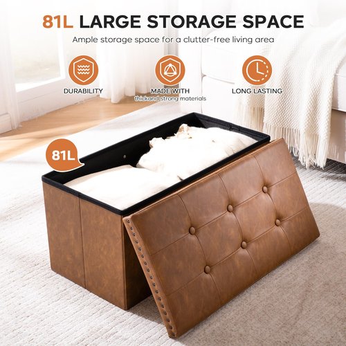 oakvivo 30 Inches Folding Storage Ottoman Bench, Ottoman PU Leather Tuffed End of Bed Bench, Foot Rest with Rivet Design, Ottoman with Storage, Load 330 lb, for Living Room, Bedroom, Entryway, Brown