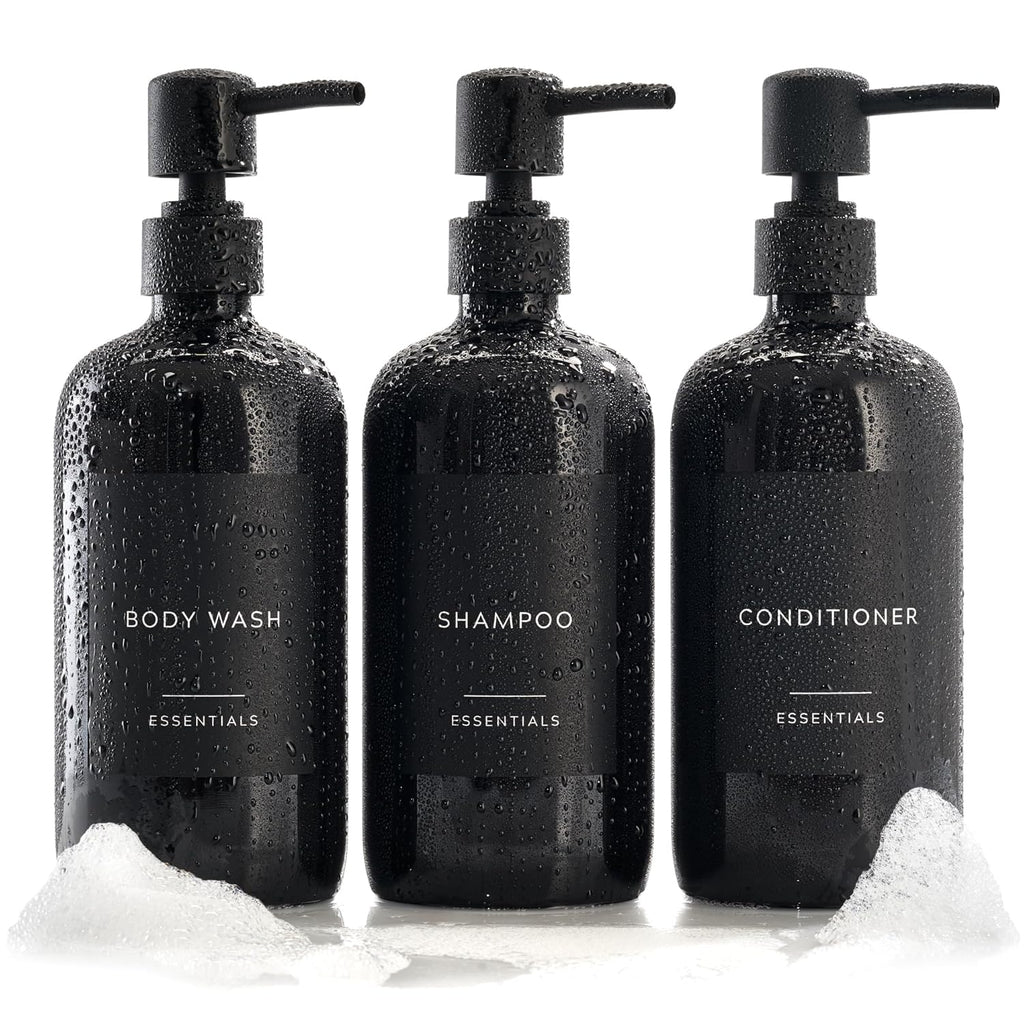 Stylish Shampoo & Conditioner Dispenser Set - Modern 21oz Pump Bottles with Labels | Easy Refill for Bathroom Decor - Black