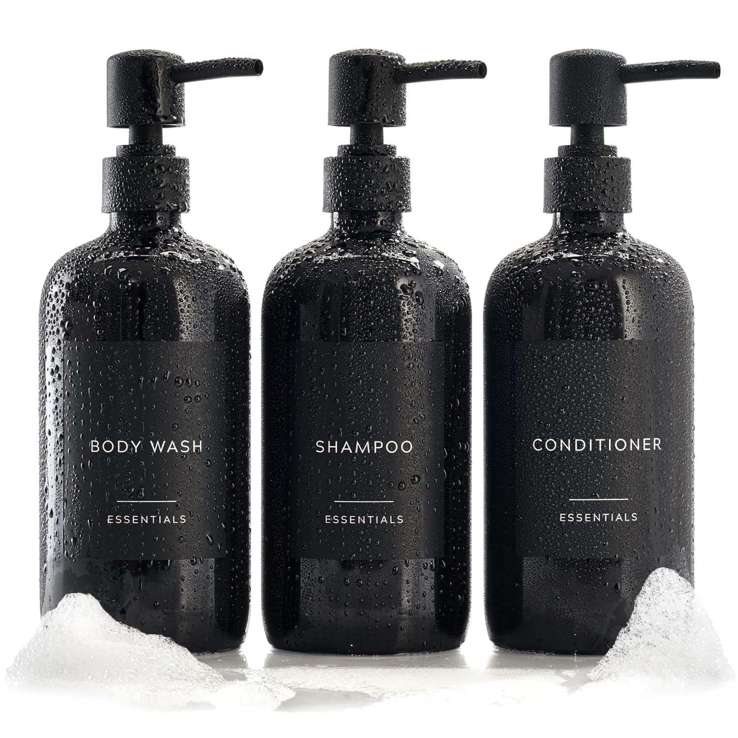 Stylish Shampoo & Conditioner Dispenser Set - Modern 21oz Pump Bottles with Labels | Easy Refill for Bathroom Decor - Black