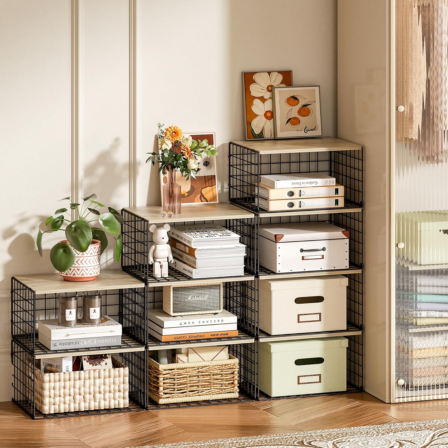 Sturdy Metal Closet Organizers by [Brand Name] - Extra-Long Stackable Storage Bins | Space-Saving Black Design, 3 Pack