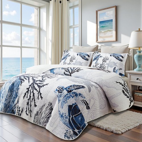 weesire Coastal Bedding California King Size Coastal Quilt with 2 Shams, Nautical Beach Comforter Sets Ocean Bedspreads Blue Seaturtle Coverlet Summer Bedding, 106''x118''