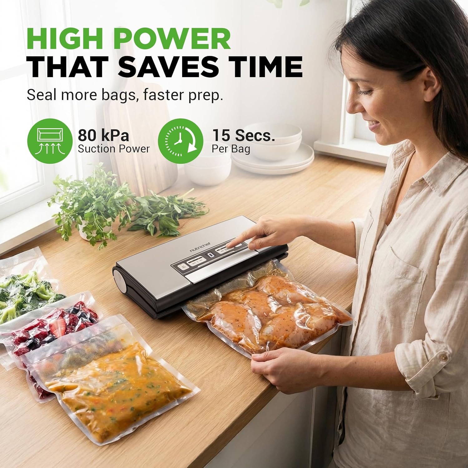 NutriChef Vacuum Sealer Machine - 80kPa Food Sealer with Cutter & Storage | Includes 1 Bag Roll & 5 Vacuum Bags for Freshness