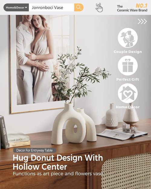 Hug Donut Decorative Vase Set - Modern Nordic Boho Style Matte Ceramic Vases for Home Décor | Cream White