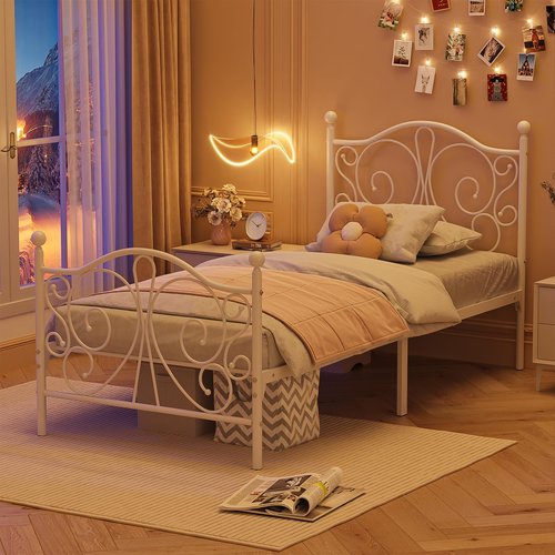 Merronix Twin Bed Frames with Butterfly Pattern Headboard and Footboard，Twin Size Bed Easy Assembly No Box Spring Needed Heavy Duty Metal Platform, White