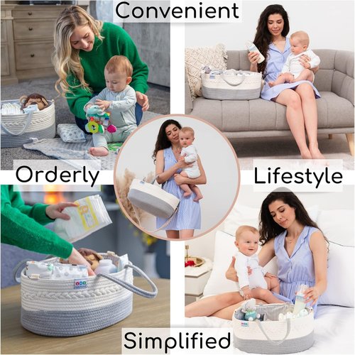 Extra Large Baby Diaper Caddy Organizer - Portable Rope Nursery Basket for Diapers & Wipes