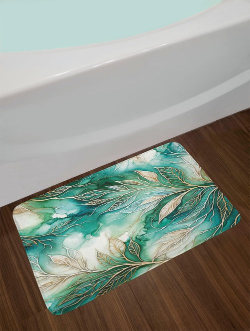 Ambesonne Teal Bath Mat, Greenery Marble Print Look Atmosphere with Gold Yellow Tone Leafy Lines, Plush Bathroom Decor Mat with Non Slip Backing, 30.2" x 20", Dark Seafoam Dark Khaki