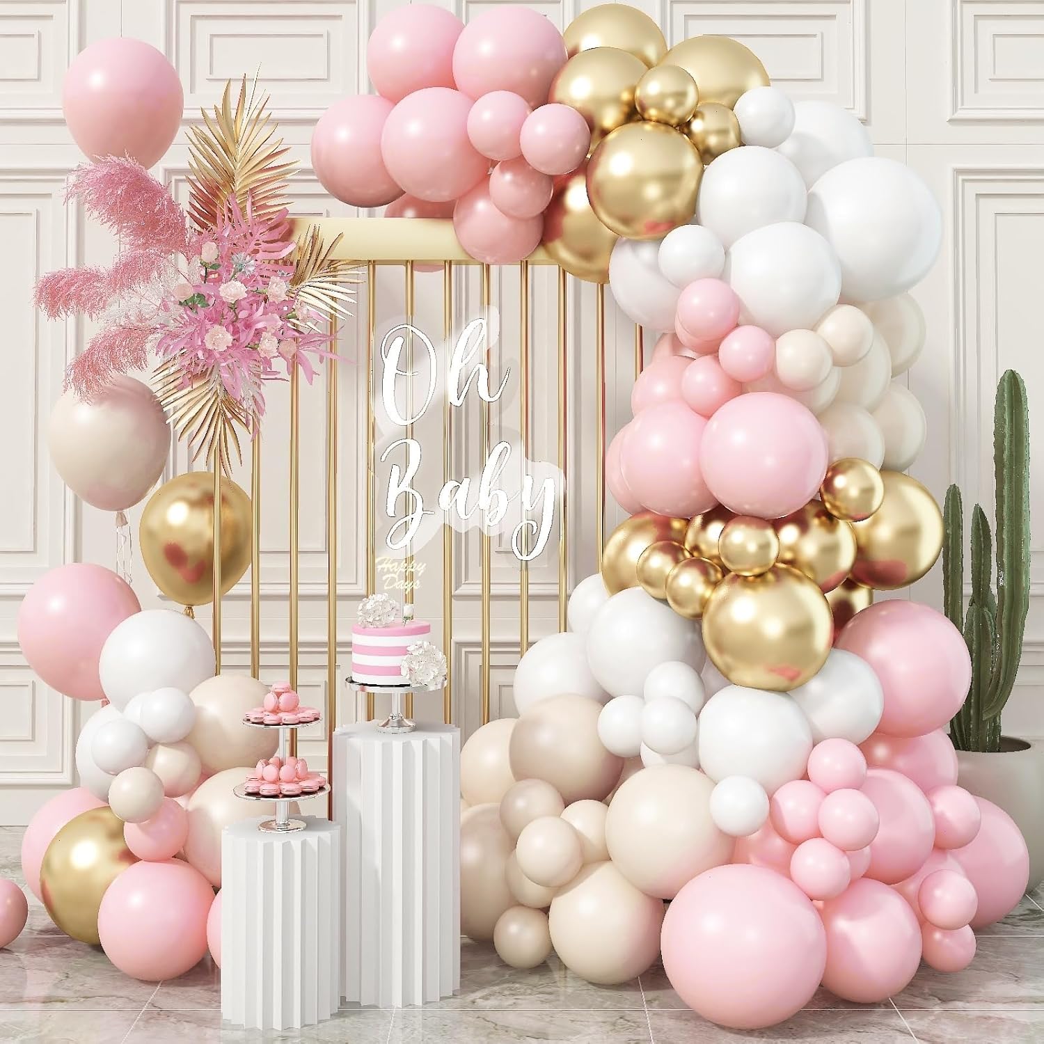 Skiennix Pink Beige Gold Balloon Garland Arch Kit - 109 Pieces Blush Pastel Balloons for Birthday & Wedding Decor