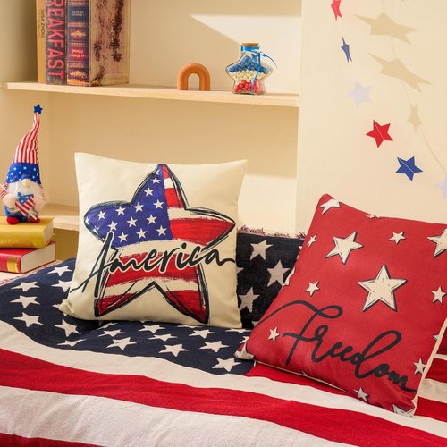 Hongsome Throw Pillow Covers - Patriotic 18x18 Inch Set of 4 for Independence Day & Memorial Day | Red, White & Blue