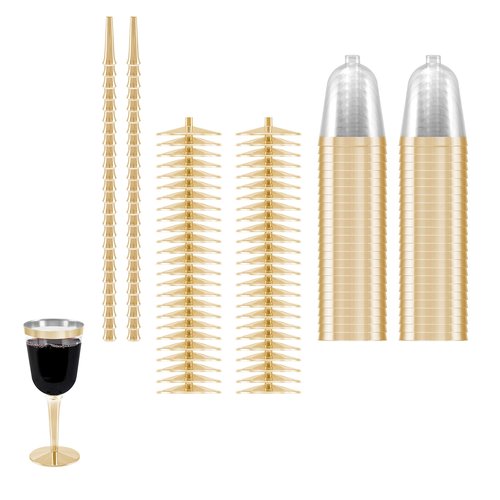 BloominGoods Disposable Wine Glasses With Stem, 10 Oz. Gold Rim Plastic Wine Glasses For Parties, Weddings, Large Clear Wine Cups Plastic, 50 Ct.