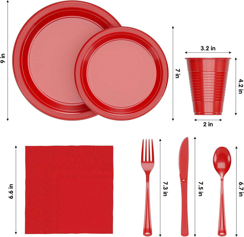 Regine Switzerland 350 Pcs Red Plastic Plates Set - Disposable Dinnerware with Cups & Cutlery | 9" & 7" Sizes