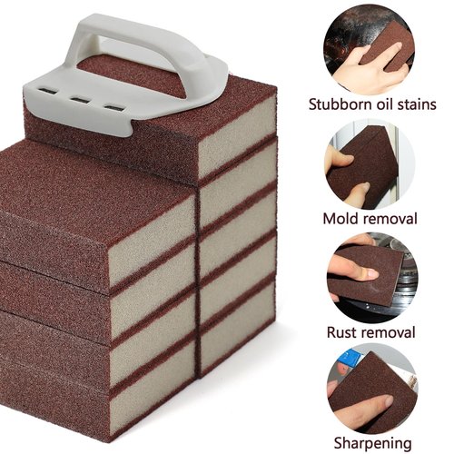 garvonti Magic Carborundum Sponge, 6pcs with 1 Handle Rust Foam Cleaning Eraser for Pots, Pans, Sink, Grill, Household Cleaning Emery Sponges for Kitchen, Bathroom