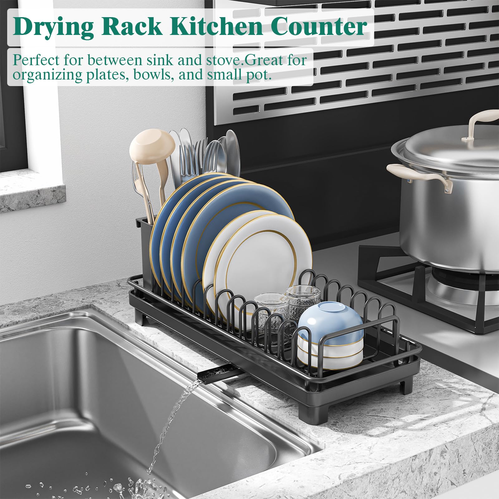 XYZLVSI Small Sink Dish Drying Rack with Drainboard, Compact Dish Drainer for Kitchen Countertop, Rustproof Plate Organizer with Utensil Holder, Black