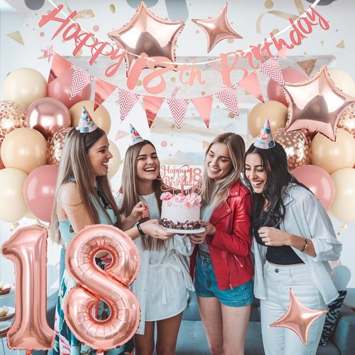 Jobkoo 18th Birthday Decorations for Girls, Retro Pink Nude Number 18 Balloon Set Happy 18th Birthday Banner Cake Topper Dusty Pink Beige Rosegold Star Balloons for Boho 18 Year Old Bday Party Decor