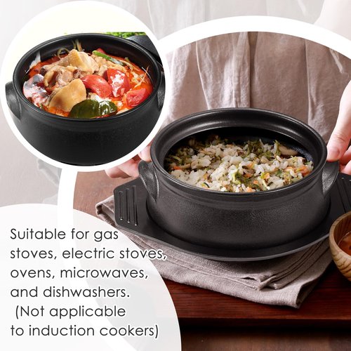 Kritkin 3 Pcs Korean Stone Pot Clay Cooking Pot Set Ceramic Sizzling Hot Bowl Korean Bibimbap Soup Dolsot Bowl with Lids for Ttukbaegi and Koreans Stew (38 oz)