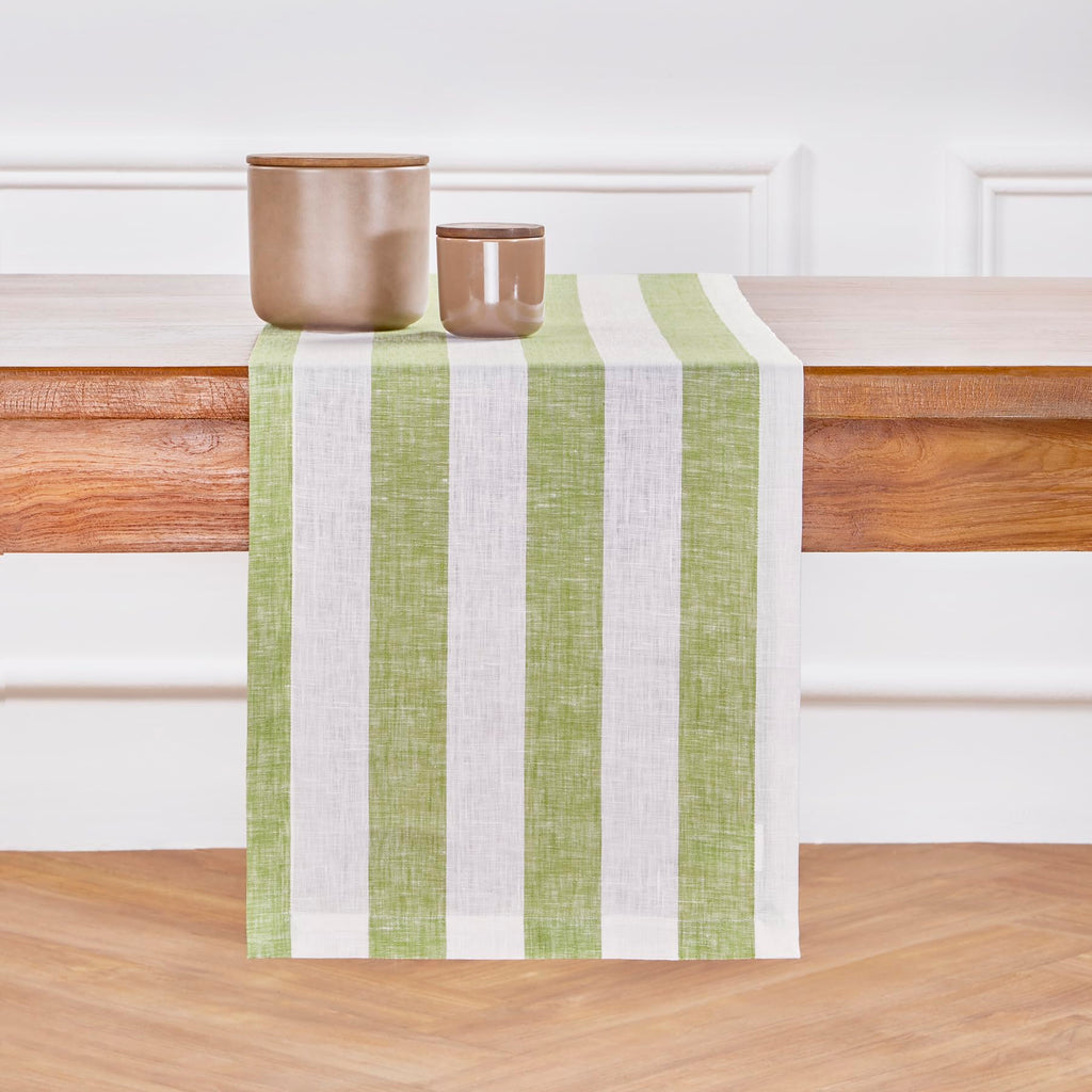 Solino Home Linen Table Runner 144 Inches Long - Cabana Stripe, 100% Pure Linen Green and White Table Runner 14 x 144 Inch for Dining, Spring, Summer
