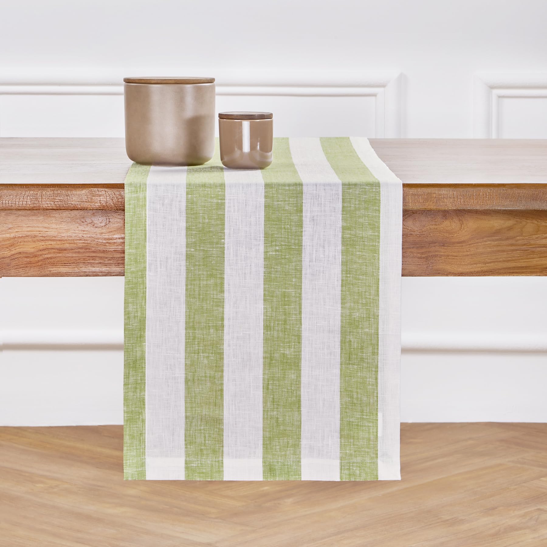 Solino Home Linen Table Runner 144 Inches Long - Cabana Stripe, 100% Pure Linen Green and White Table Runner 14 x 144 Inch for Dining, Spring, Summer