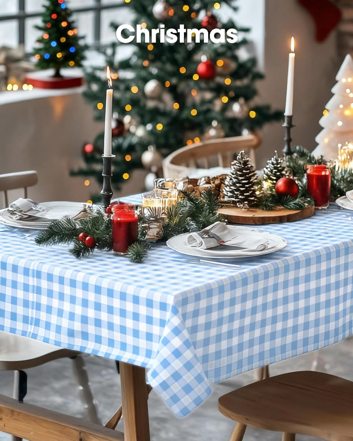 Pureegg Disposable Table Cloths - 8 Pack Gingham Design, 54 x 108 Inch, Leakproof & Sturdy, Blue Checkered