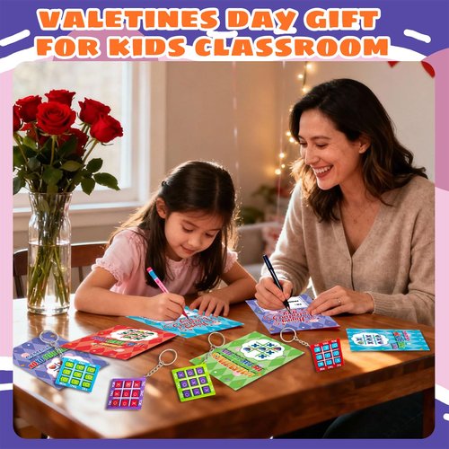 24 Pack Valentines Day Gifts Cards for Kids with Tic Tac Toe Game Keychains, Valentines Days Keychains for School Classroom Exchange Prizes, Valentine’s Exchange Greeting Cards for Boys Girls