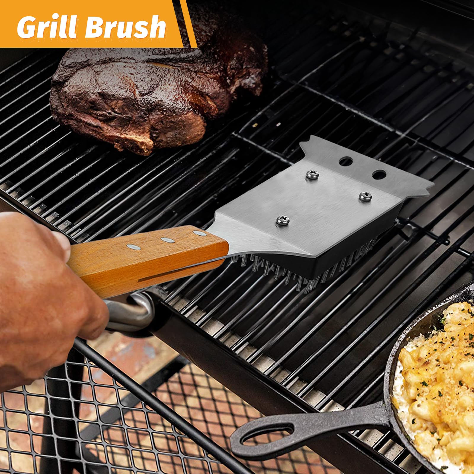 PURPLEBIRD Grill Utensils Set with Brush - 5pcs Grilling Tools Set with Bag Apron, Heavy Duty BBQ Tool Sets with Long Wood Handle, Stainless Grilling Accessories for Outdoor Grill