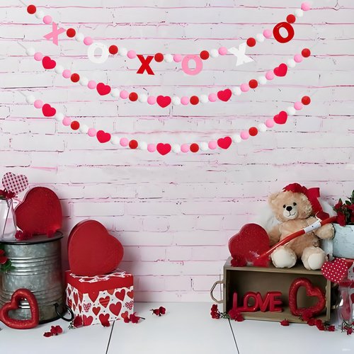 Valentines Day Decorations, 3 PCS Felt Garland with XOXO and Red Heart Shape Garland for Valentine Party, Wedding, Anniversary, Valentines Day Banner for Mantle Fireplace Walls Room Decor