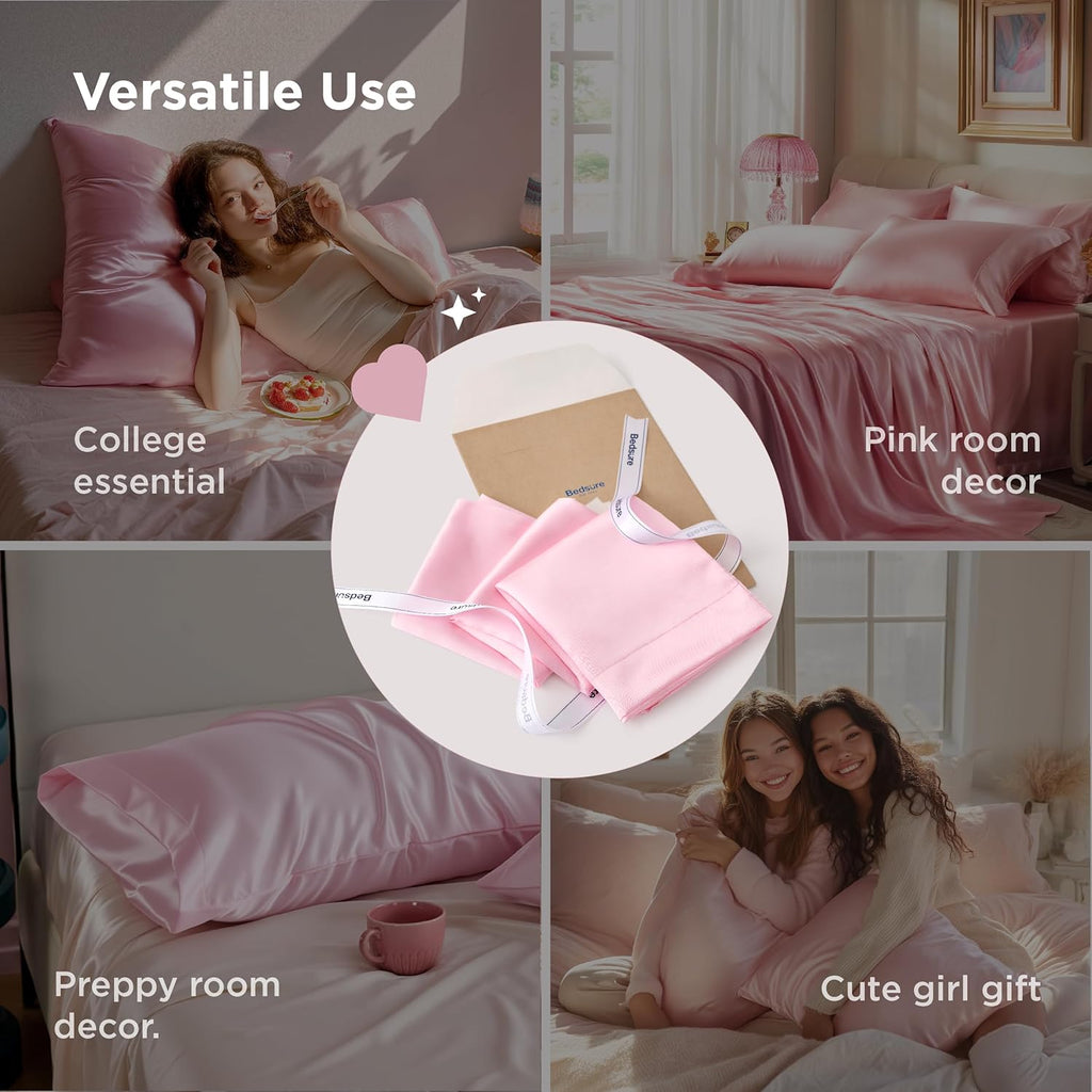 Bedsure King Size Satin Pillowcase Set - Pink Silky Pillow Cases for Hair & Skin | 20x36 Inches, 2-Pack