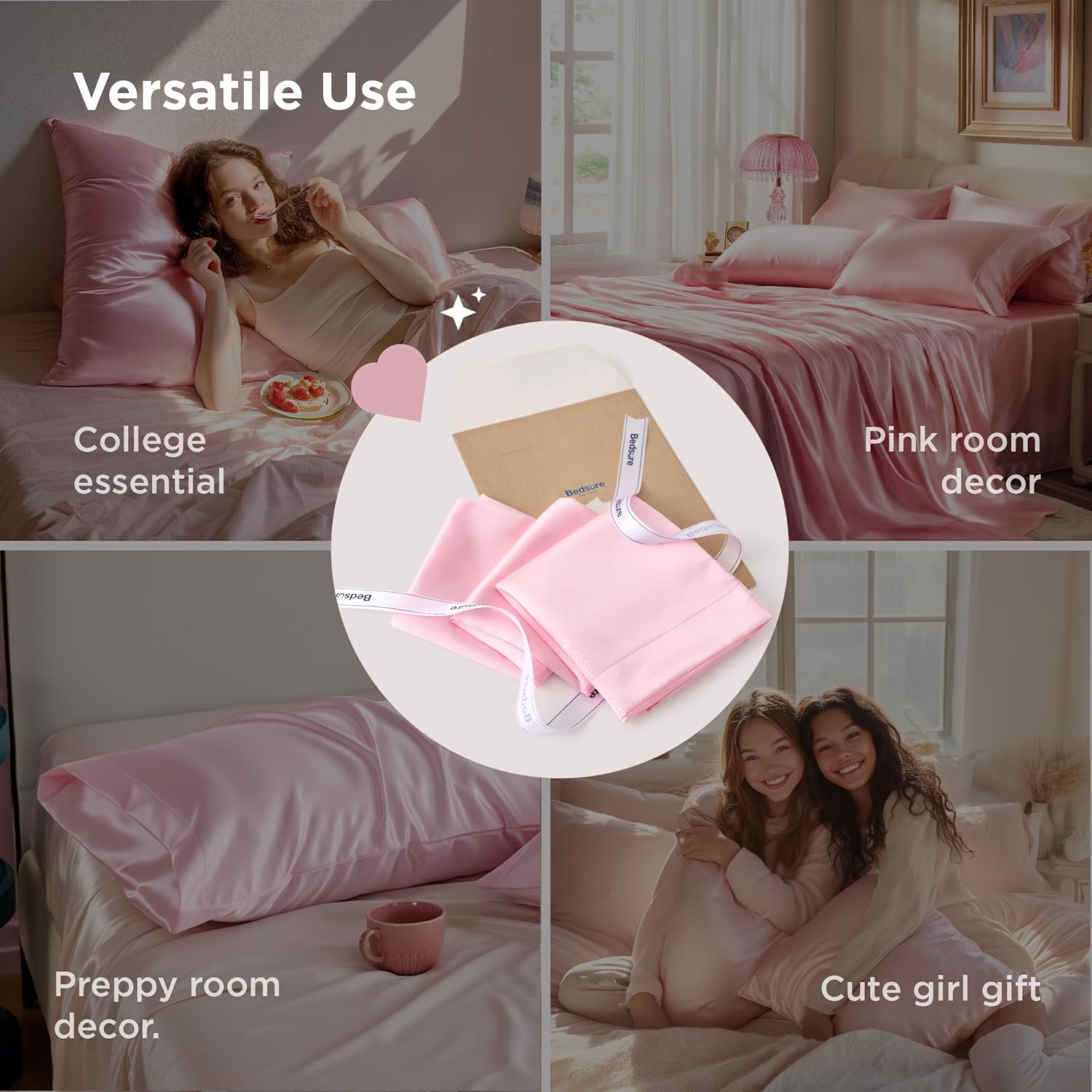 Bedsure King Size Satin Pillowcase Set - Pink Silky Pillow Cases for Hair & Skin | 20x36 Inches, 2-Pack