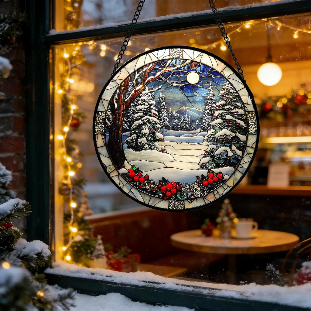 DASTOLL Stained Glass Window Hanging - Winter Snow Night Scenery Suncatcher | 7.8" Home Decor Gift