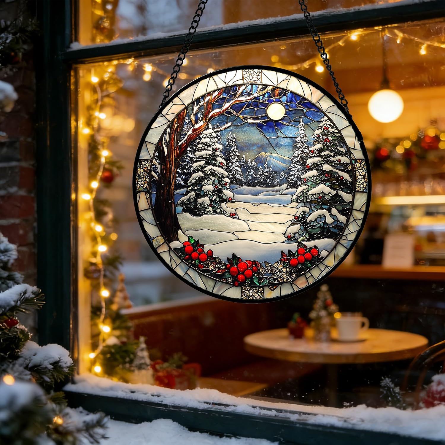 DASTOLL Stained Glass Window Hanging - Winter Snow Night Scenery Suncatcher | 7.8" Home Decor Gift