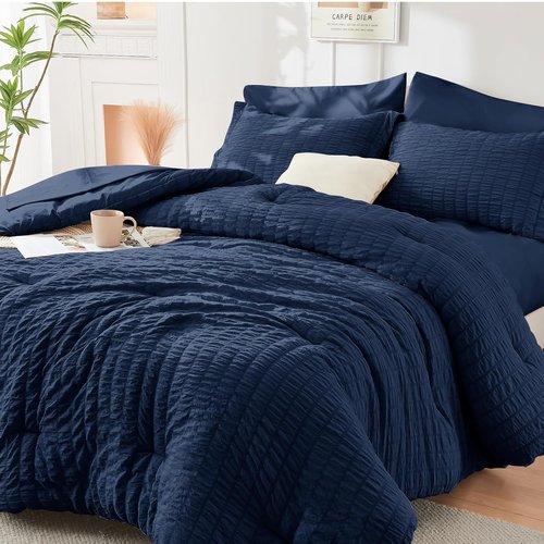 HYMOKEGE King Size Comforter Set - Navy Blue Seersucker 7-Piece Luxury Bedding Set | All-Season Comfort