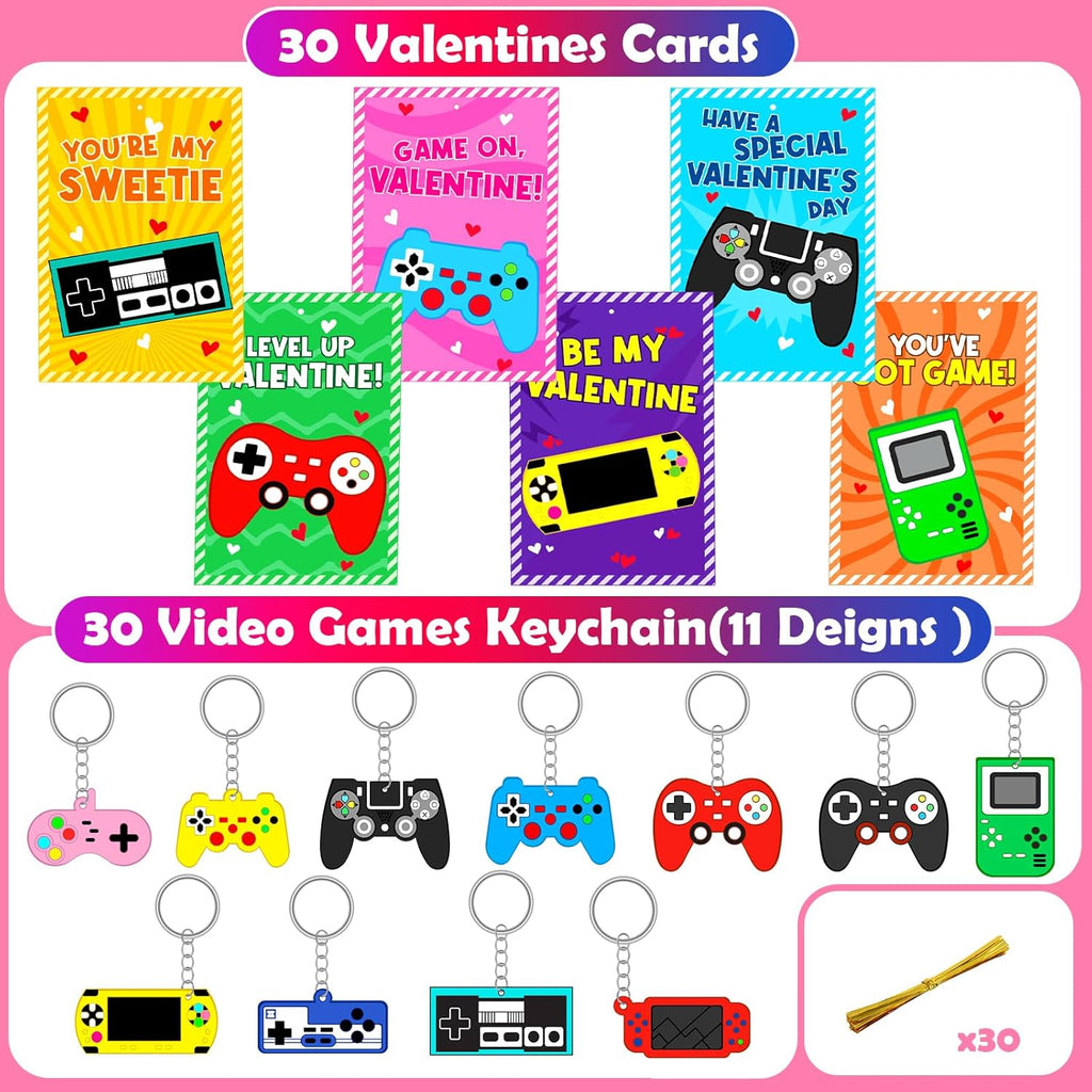 Skiennix 30-Pack Valentine's Day Cards - Fun Video Game Keychains for Kids | Perfect Classroom Exchange Gifts