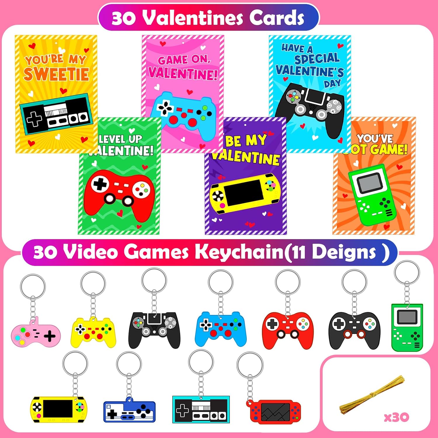 Skiennix 30-Pack Valentine's Day Cards - Fun Video Game Keychains for Kids | Perfect Classroom Exchange Gifts