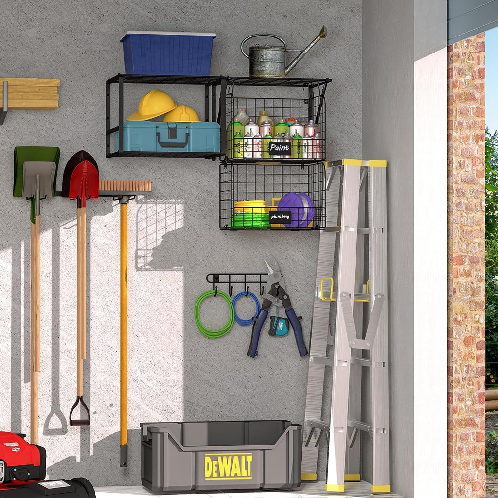 ThreeHio Garage Shelf - Heavy Duty Wall Mounted Storage with Wire Baskets & Tool Rack | Ideal for Home & Garden Organization