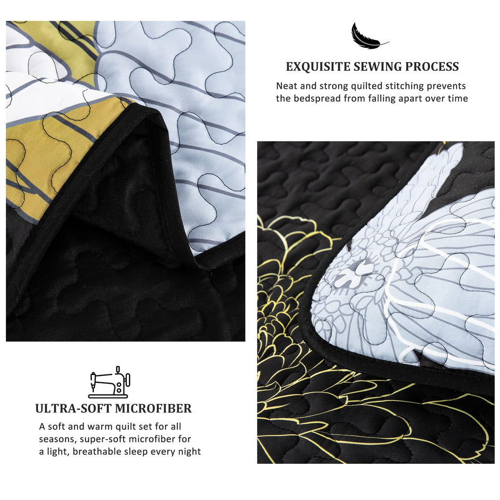 Yellow Floral Quilts California King Size Coverlet Set - 3 Pieces Lightweight Black Cal King Bedspread with 2 Pillowcases - All Season Soft Microfiber Reversible Bedding Quilt Set (Yellow/Black)